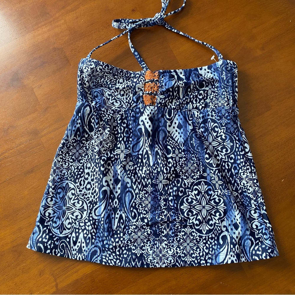Lucky Brand Boho Blue Patterned Halter Tankini Swimsuit Top Size Small